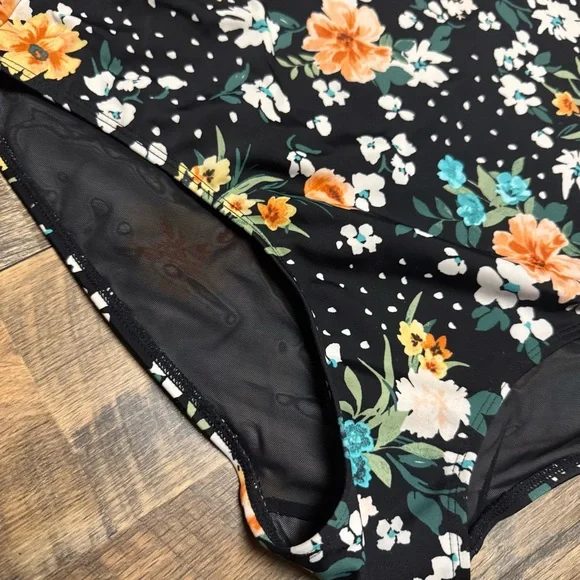 torrid Black Floral One-Piece Swimsuit with Yellow & Teal Blooms - Picture 2 of 11